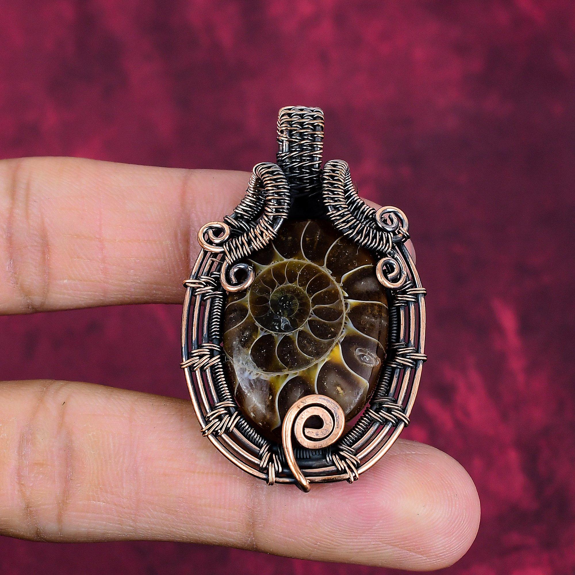 Ammonite Fossil Gemstone Pendant Copper Wire Wrapped Jewelry Handmade Pendant