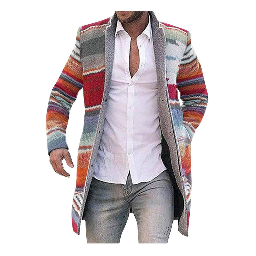 Men's Cardigan Coat Printed Wool Blends Casual Longsleeved Jacket Length Windbreaker Overcoat Trench