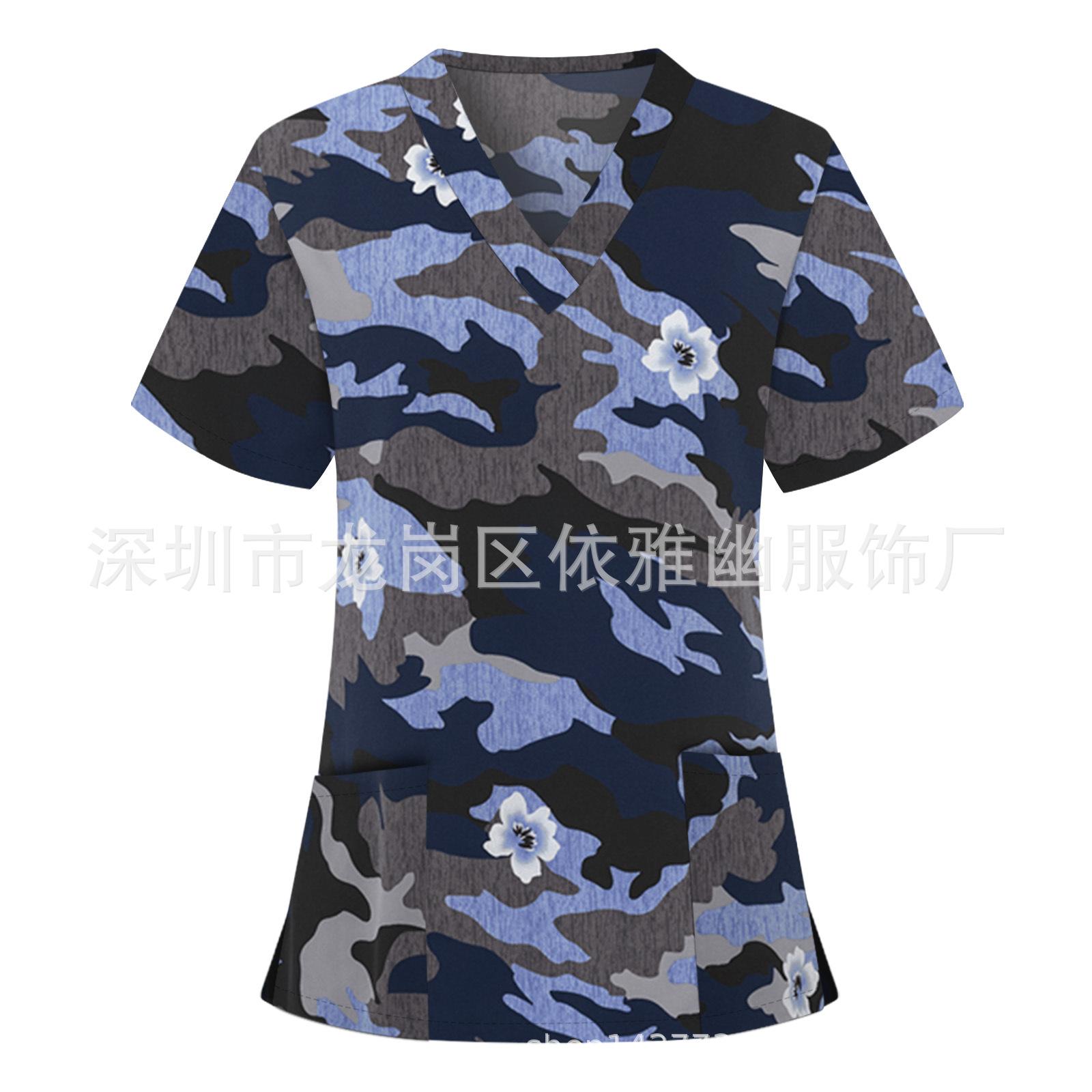 Amazon ebay popular 2023 new printed pocket v-neck short-sleeved t nurse uniform casual versatile cross-border spot S