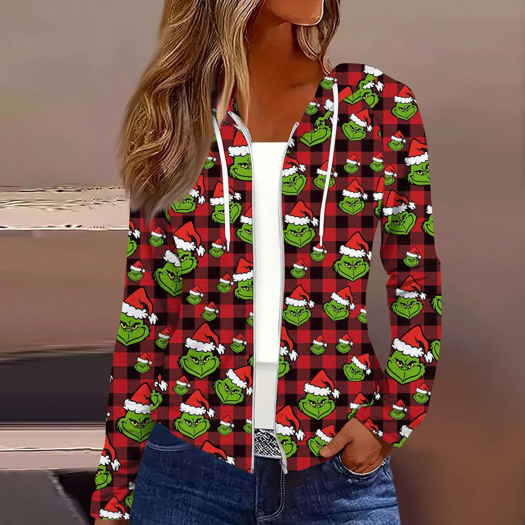 Women's Fashion Christmas Print Casual Zip-Up Long-Sleeved Hooded Jacket