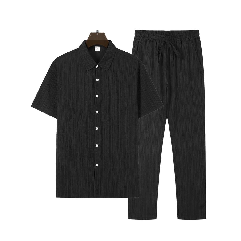 Mens Casual Stripe Two Piece Sets Solid Color Lapel Short Sleeve Tops and Long Pants Suits Spring Summer Sports Streetwear Cloth