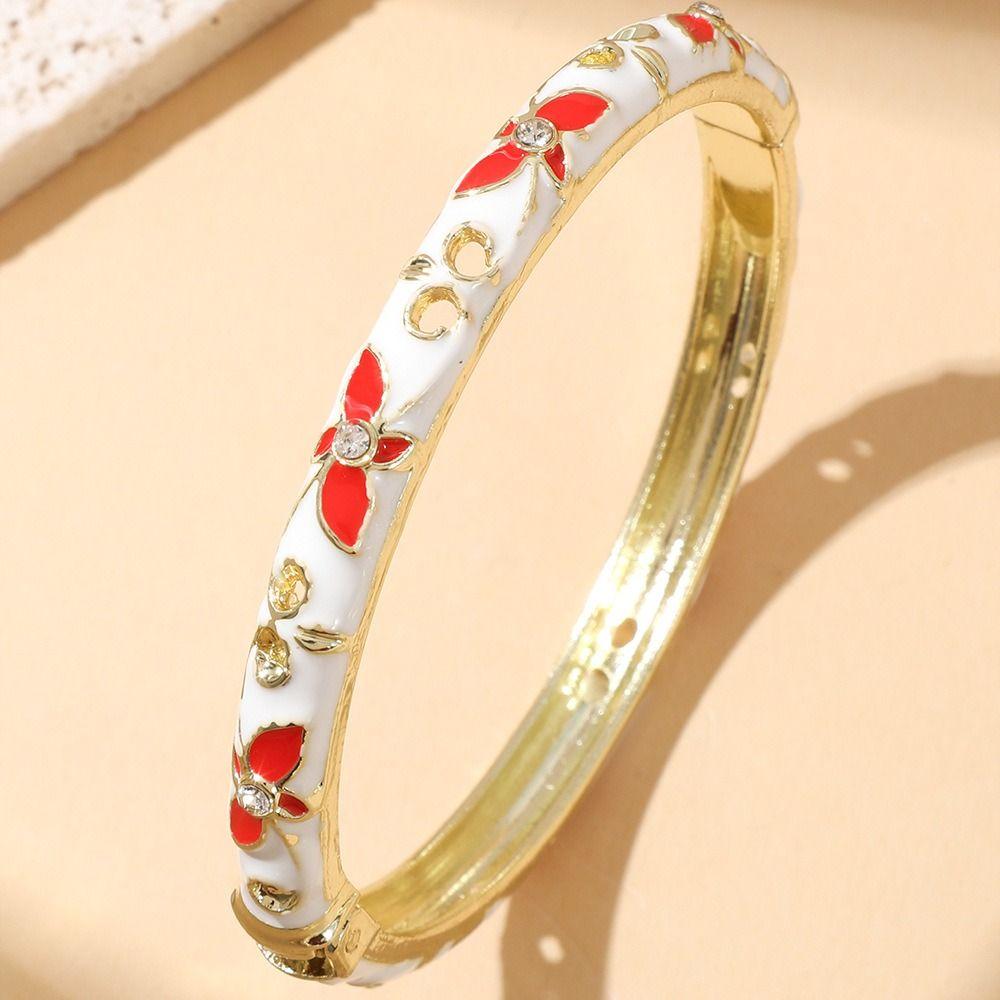 Elegant Open Cuff Bracelet Chinese Style Women's Floral Bracelet Enamel Flower Bangle Bride