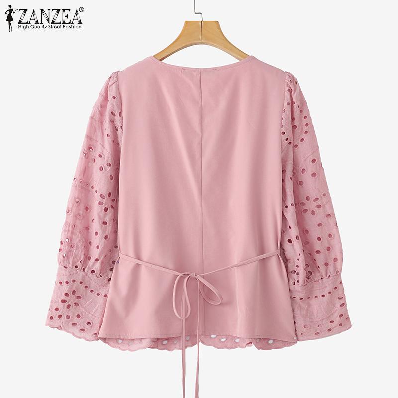 ZANZEA Women Casual Square Neck 3/4 Sleeve Loose Patchwork Lace Crochet Blouse
