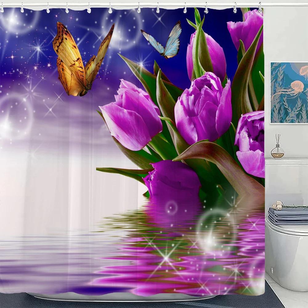 1Pcs Fresh Flowers Style Waterproof Shower Curtain, Blue Butterfly Of Flower Bathroom Decoration Curtain, With Plastic Hooks