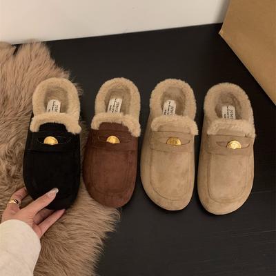 Thick-soled Plush Shoes Bag Head Half Slippers Women's Shoes Wear 2025 Autumn and Winter Half Toboken Shoes