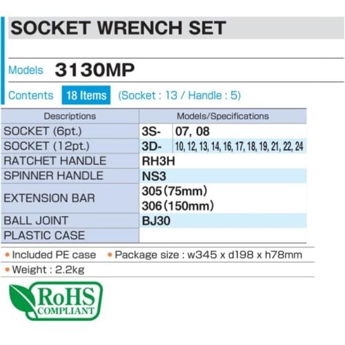 TONE 3130MP Socket Wrench Set, 9.5mm (3/8") Drive, Red, Includes 18 Pieces