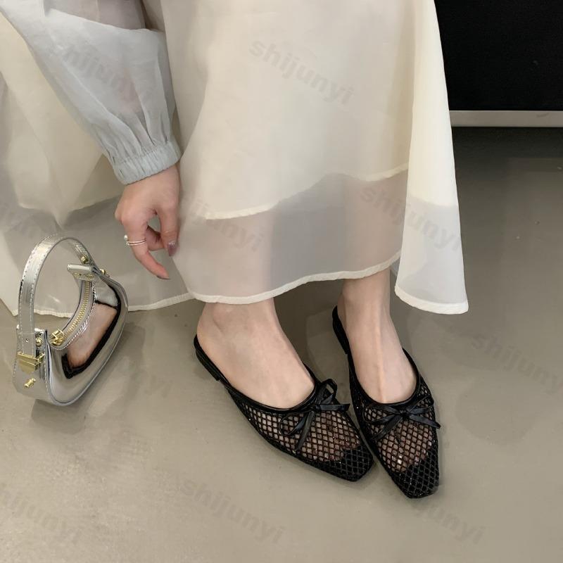 Mode Elegante Schleifen Hohl Lässig Halbschuhe Damen 2025 Sommer Flacher Mund Atmungsaktiv Bequem Schlepper Mode Strandsandalen