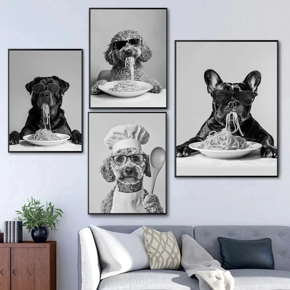 Interesting Animal Collie Eating Spaghetti Bulldog Cook Animal Portrait Poster Canvas Paintings Wall Art Pictures Home Decor