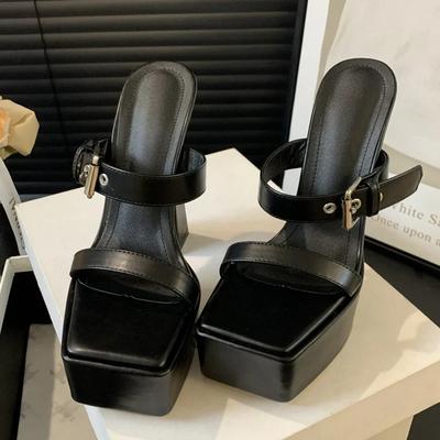 Fashion Platform Buckle Strap Narrow Band Peep Toe Women Slippers Street Style Square High Heels Ladies Shoes