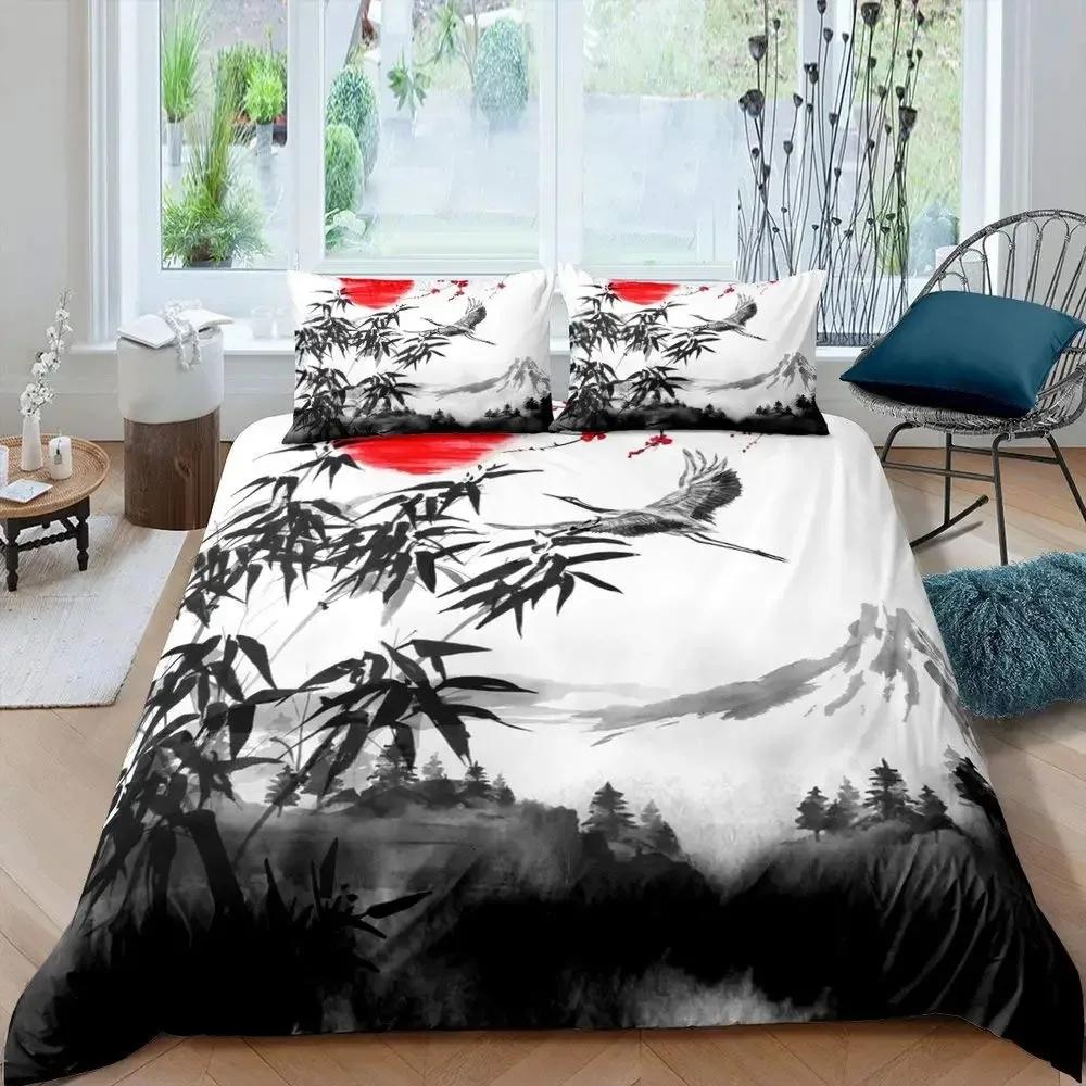 Japanese Style Crane Duvet Cover Set Full Size,Exotic Red Sun Sea Waves Bedding Sets,Vintage Ukiyoe Traditional Comforter Cover