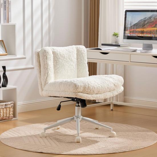 Silla de Manicura 26.4 Pulgadas Asiento Silla de Oficina Pelo de Conejo Artificial Hogar con Base Giratoria de Metal Escritorio Vanity Ajustable (Crema)