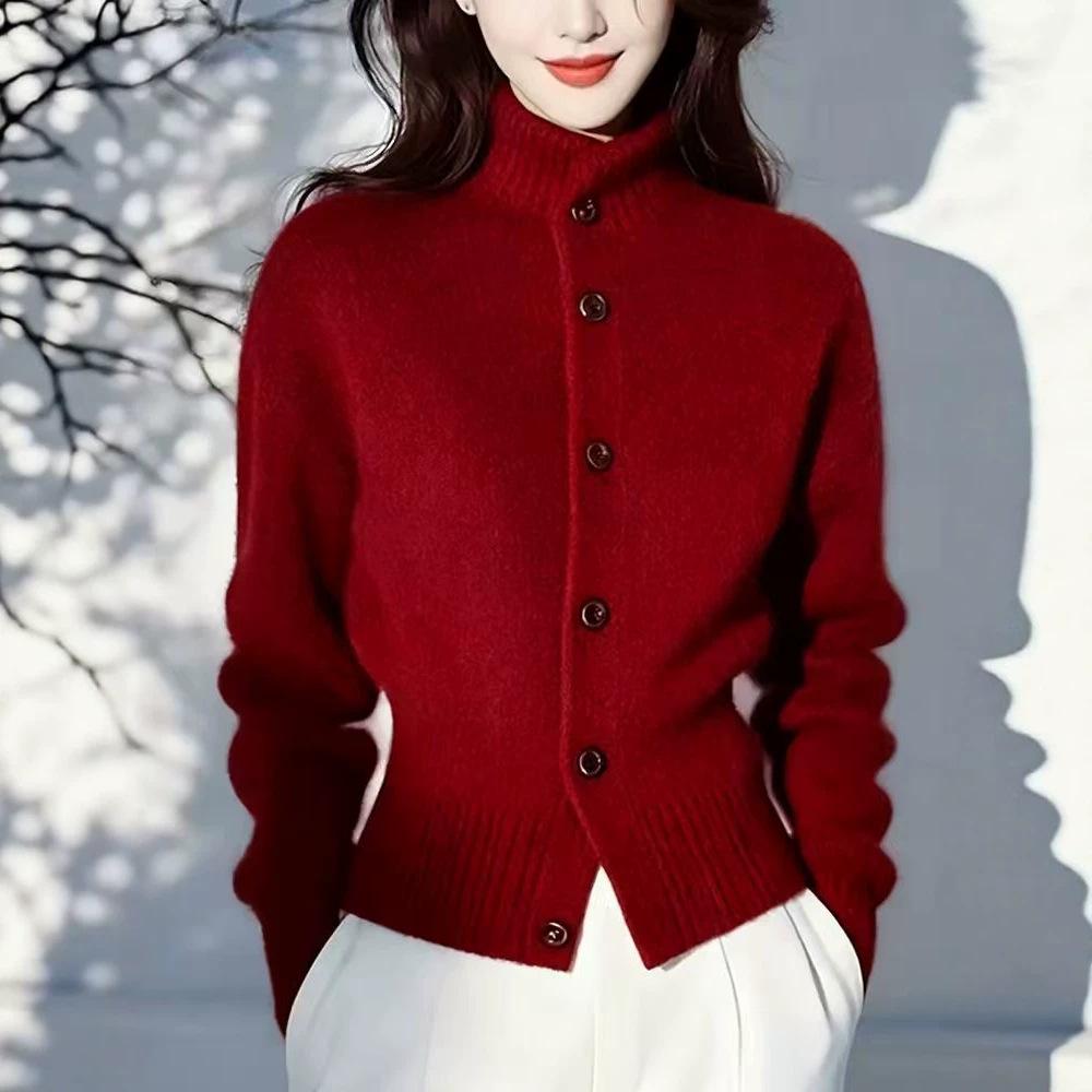 2026 Stylish Red Long Sleeve Knit Turtleneck Cardigan for Women - Autumn/Winter Fashion.