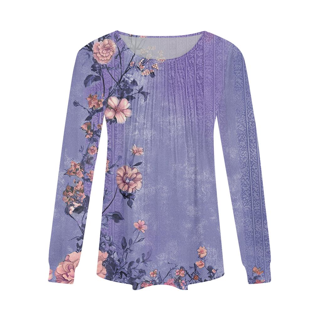Damenmode Lässig Plissiert Rundhals Vintage Blumendruck Langarm T-Shirt Top