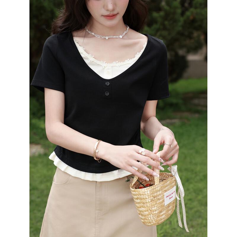 Women's Faux Two-Piece Design Short Sleeve T-Shirt