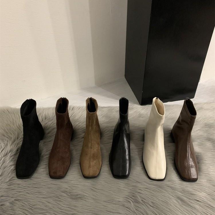 Autumn and winter new minimalist and comfortable square head versatile low-heeled Martin boots women's rear zipper flat-bottomed thin boots