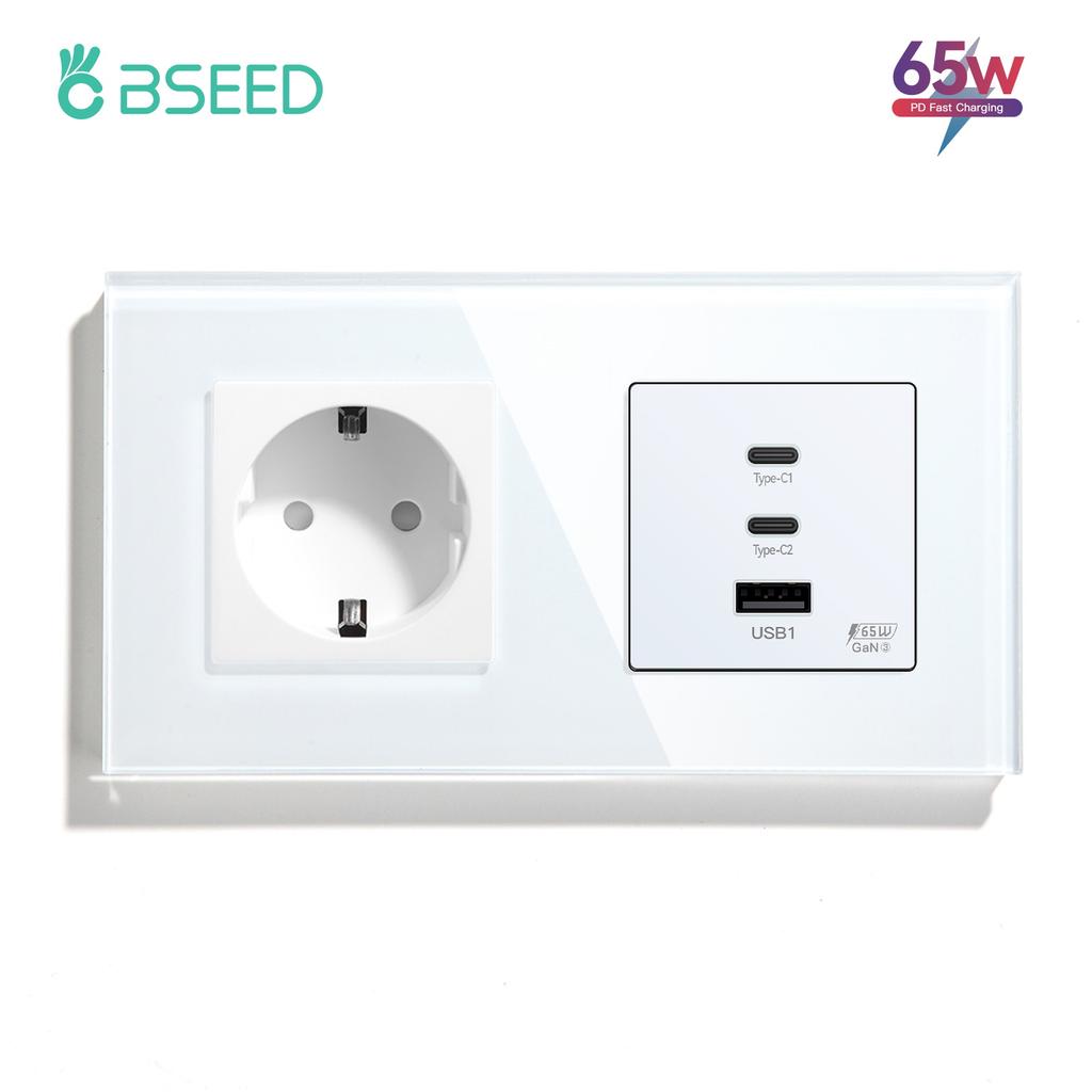 BSEED Power Sockets Electric Outlets Plus Dual Type-c USB Fast Charging Ports 65W 3A Glass Frame EU Standard Wall Embedded