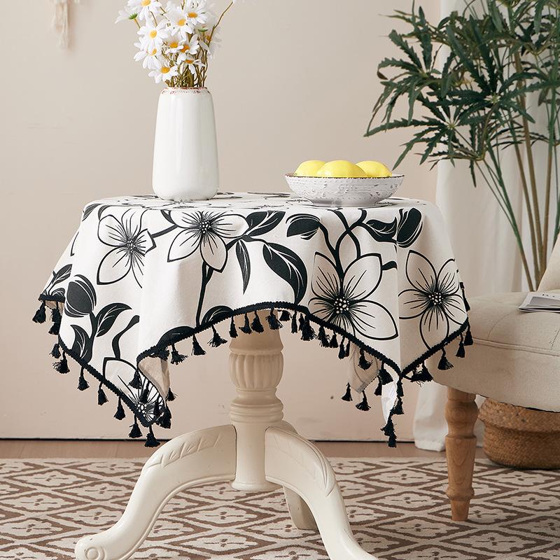 Cotton And Linen Small Fresh Navy Blue Small Flower Round Tablecloth Household Living Room Homestay Decoration Fringed Tablecloth