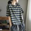T-shirts Women Clothing Tees Loose Cotton Female Short Sleeve Print Striped Spliced Oversize Lady Top