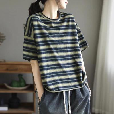 T-Shirts Damen Kleidung T-Shirts Lose Baumwolle Weibliche Kurzarm Print Gestreift Gespleißt Übergroße Lady Top