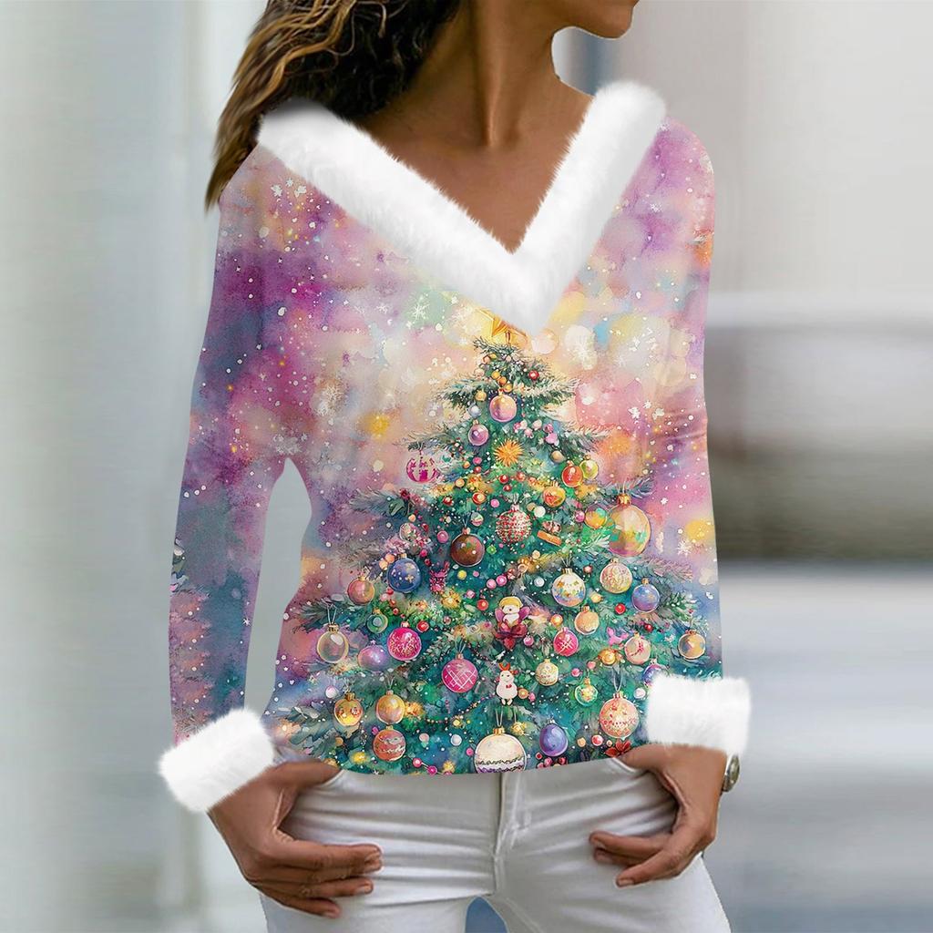 Women's T Shirt Tee Christmas Shirt Long Sleeve Party Christmas Print Fleece Collar V Neck Top