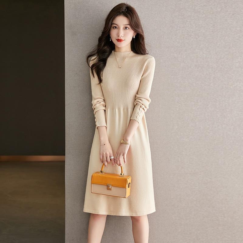 

Приталенное вязаное платье для женщин однотонное повседневное миди-длины свитер А-силуэта свитер-платье для осени и зимы 2XL бежевый
