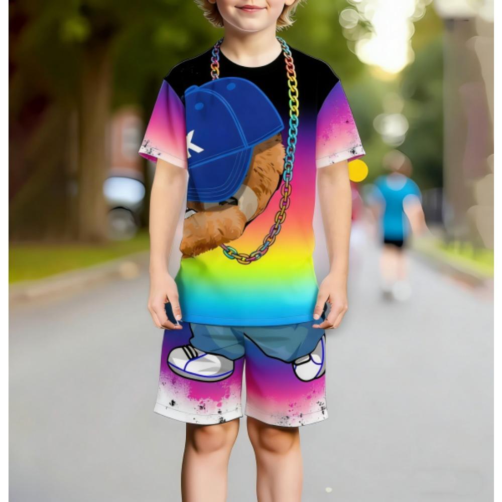 Europe and America Hip Hop Bear Men's Set Summer Men's T-shirt and Shorts 2 Piece Set Outdoor Casual Men's and Women's Outfit