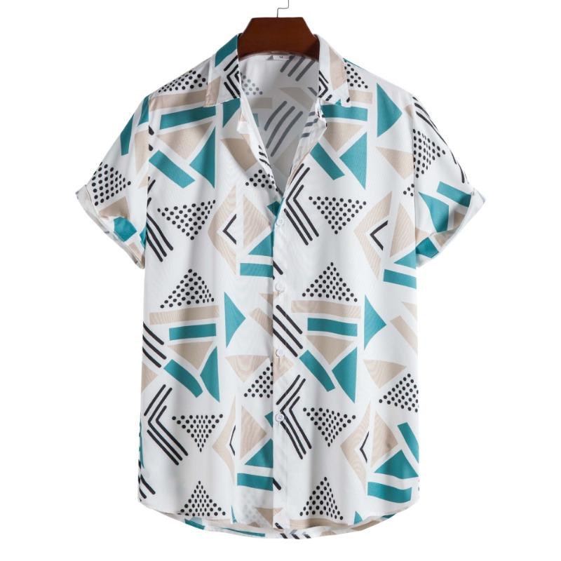 

Men Geometric Print Turn Down Collar Short Sleeve Casual Button Up Shirt S белый