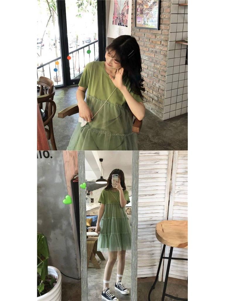Summer 2023 Korean-Style Maternity Patchwork Dress – Loose Fit, Fresh, Sweet, and Fairy-Themed with Short Sleeves.
