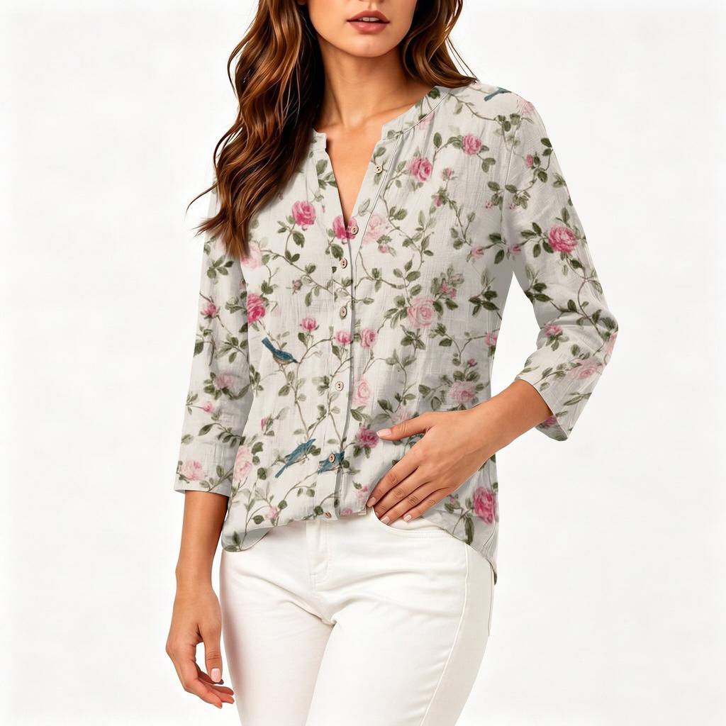 Women Vintage Floral Print Button Down Henley Collar Shirt Three Quarter Sleeve Linen Cotton Blouse Casual Lightweight Top