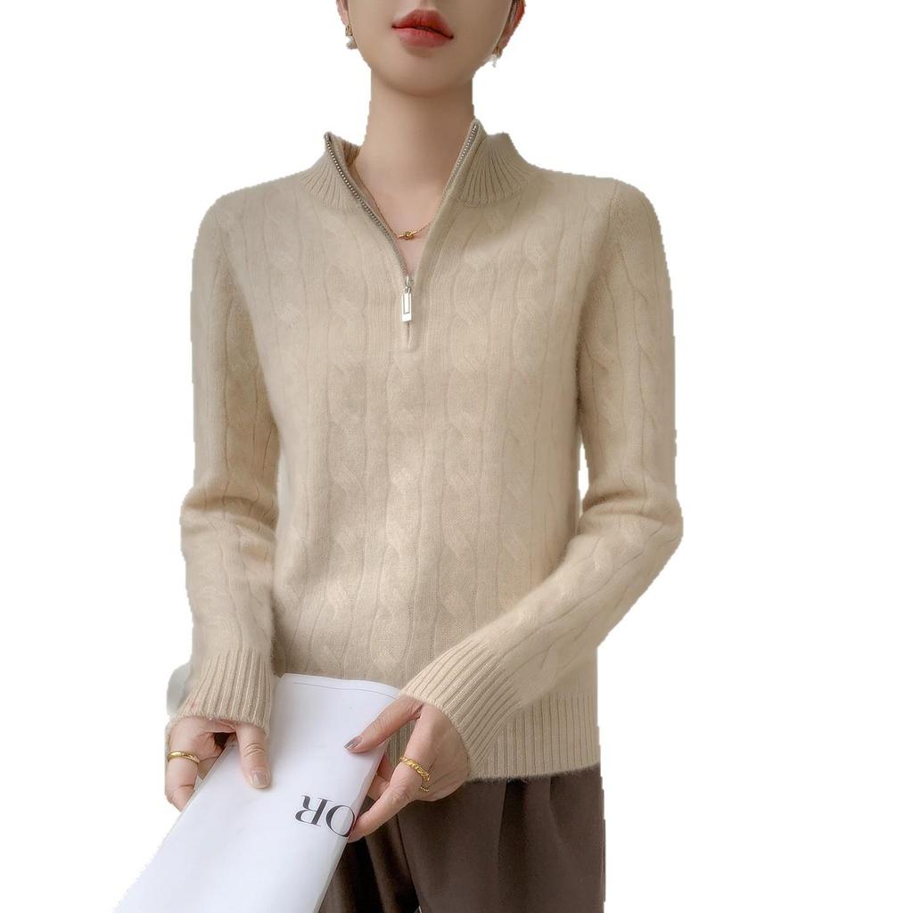 Women's Cashmere Cable Knit Half-Zip Sweater - Loose Fit, Half-High Neck, Solid Color for Autumn & Winter