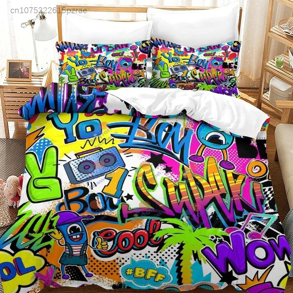 3D Colourful Street Graffiti Printed Duvet Cover Set 2 Pieces, Microfiber Bedding Set Zipper, Quilt Cover With 1 Pillowcases
