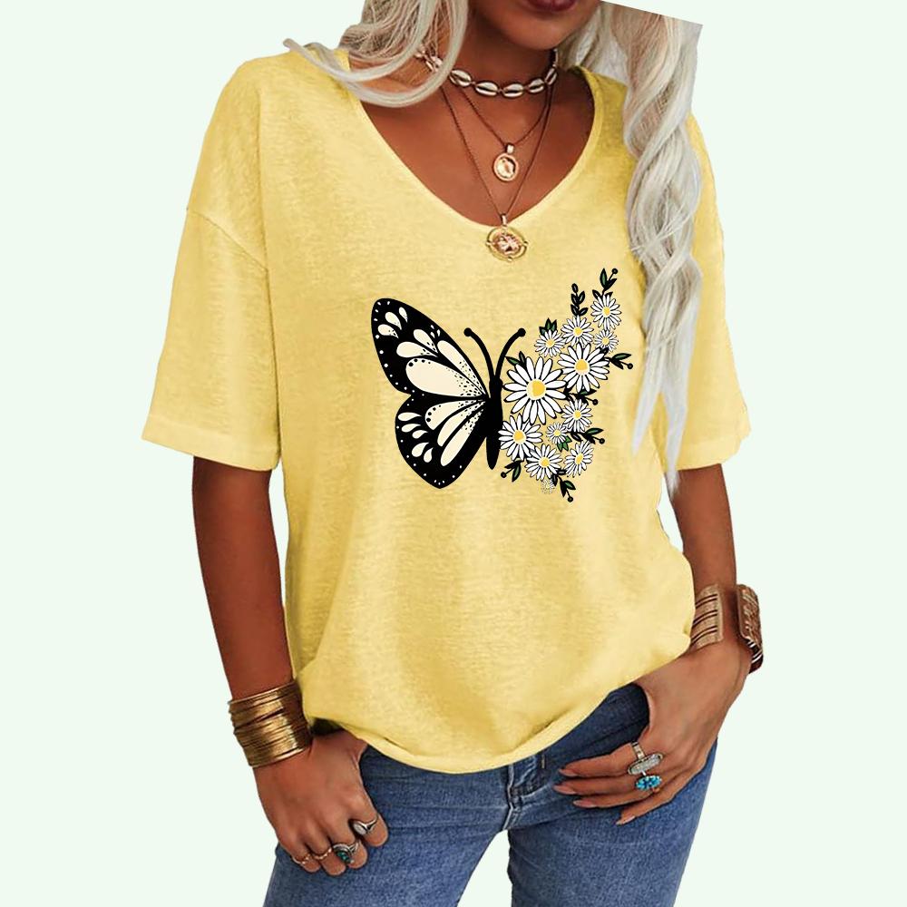 Damenmode V-Ausschnitt Lockeres T-Shirt Lässiges Oberteil mit Schmetterlingsdruck Damen Kurzarm-T-Shirt