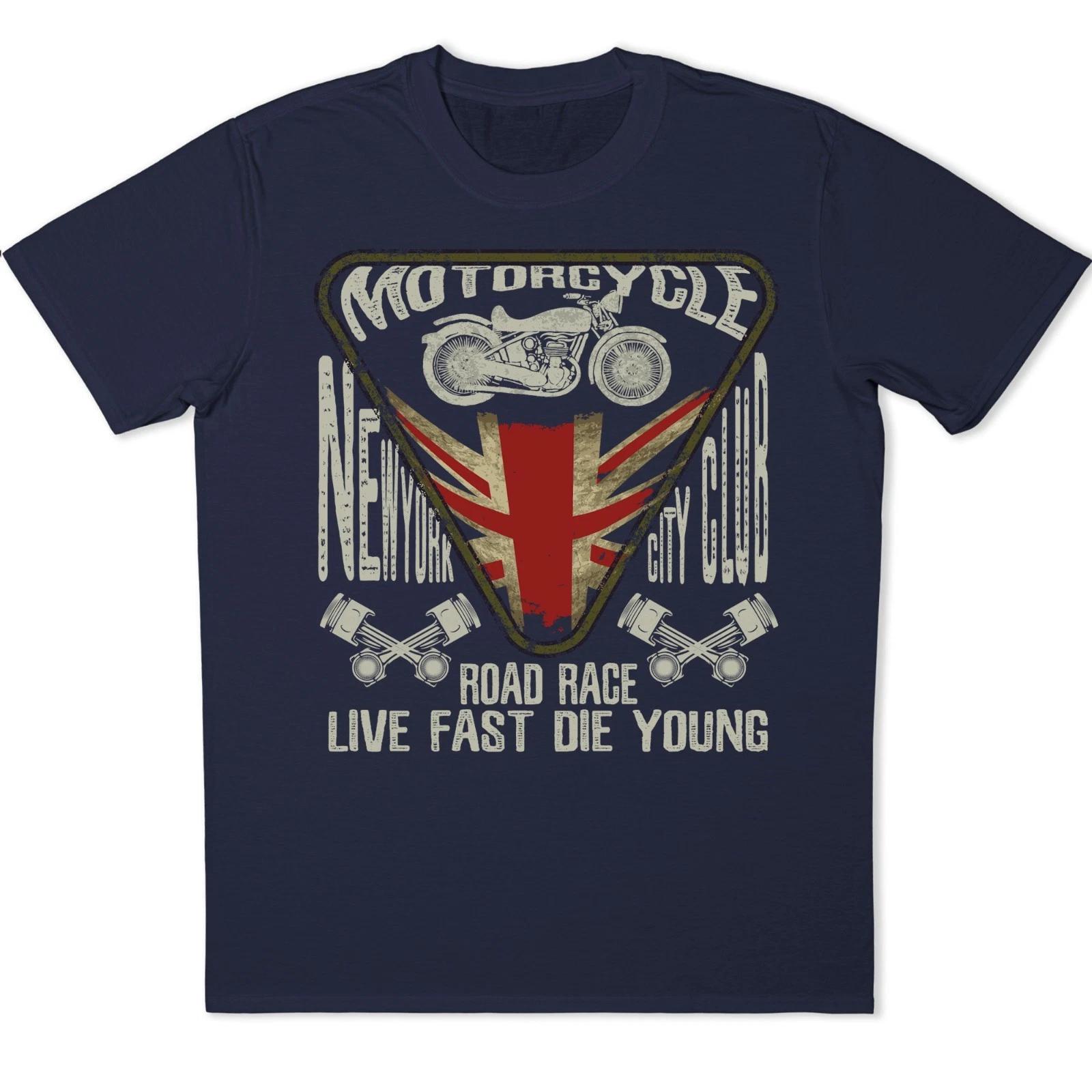 Motorcycle Biker T-Shirt Union Jack UK Flag Road Race Live Fast Die Young Tee XXL