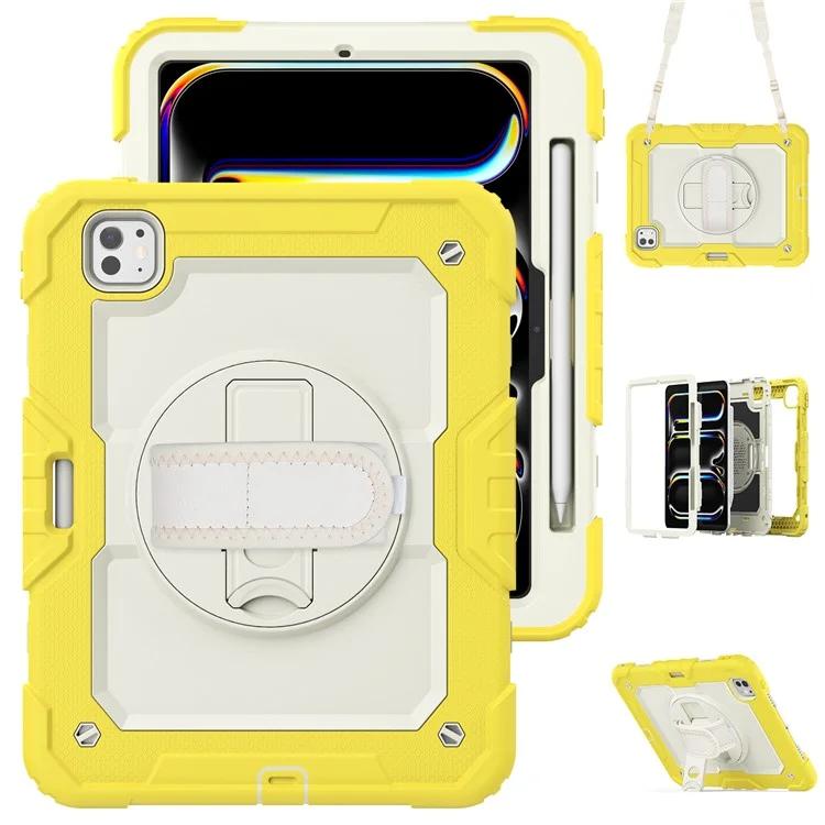 

For iPad Pro 11 (2024) Case Hand Strap Kickstand PC+Silicone Tablet Cover with Shoulder Strap, PET Screen Film