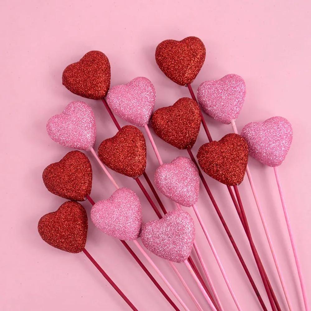 10pcs Love Glitter Foam Heart Picks Stick Red Pink Vase Picks Decor Mother's Day Gift