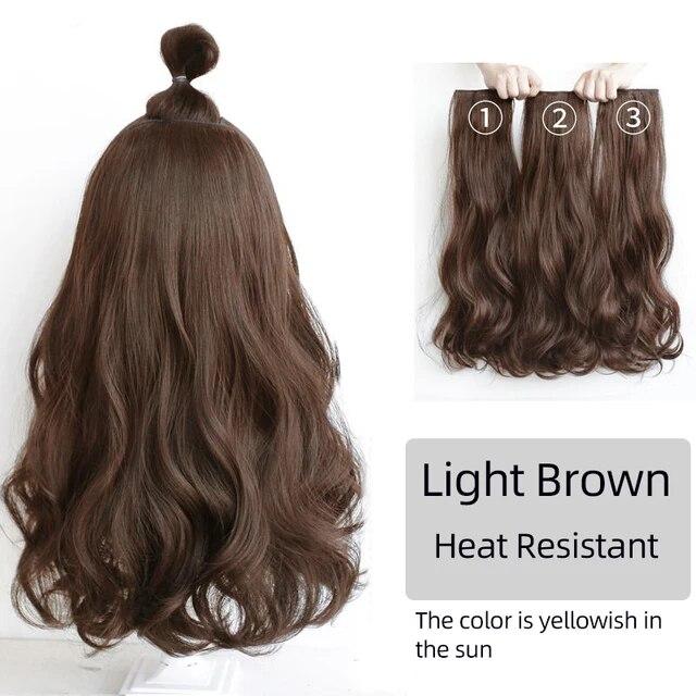 Extensii de păr sintetic, lung, drept, ondulat, ondulat, perucă falsă naturală, cu clipă pentru femeie, o singură bucată pentru femei