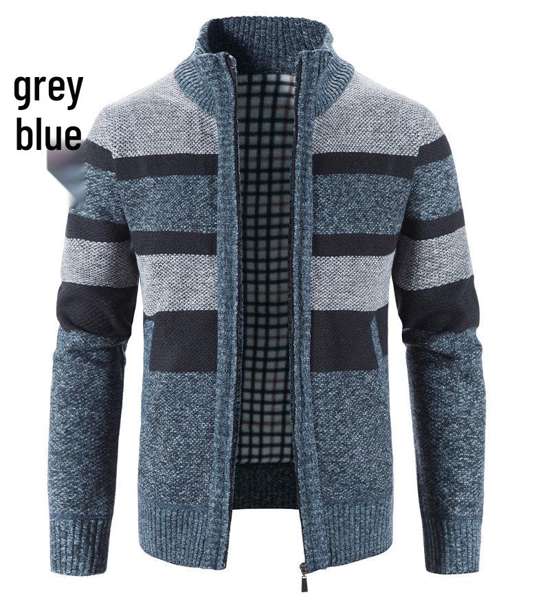 2024 Men's Stand Collar Color Block Plus Velvet Thick Sweater Jacket, Autumn/Winter Collection