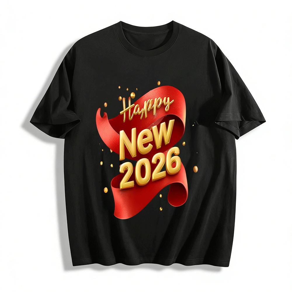 Happy New Year 2026 Red Gold Print Casual Loose Fit Unisex Top Pure cotton T-shirt XXS