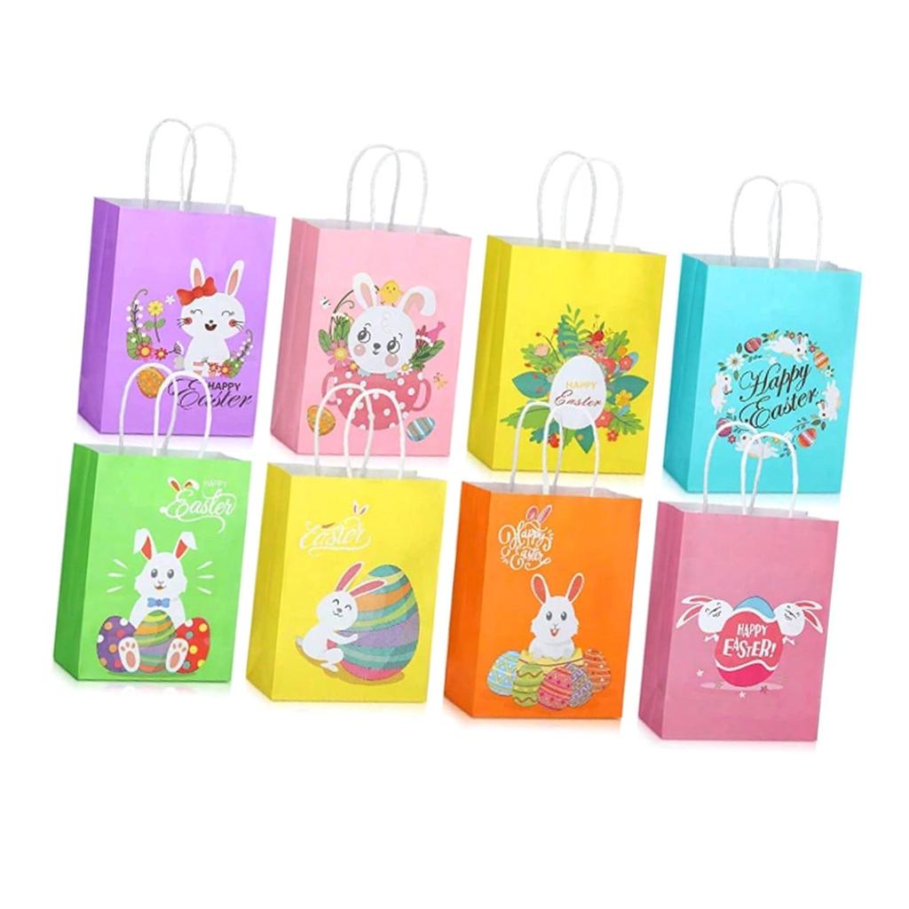 8pcs Easters Paper Gift Bags with Handle Multifunctional Snacks Cookie Bags for Spring Celebration Party Supplies