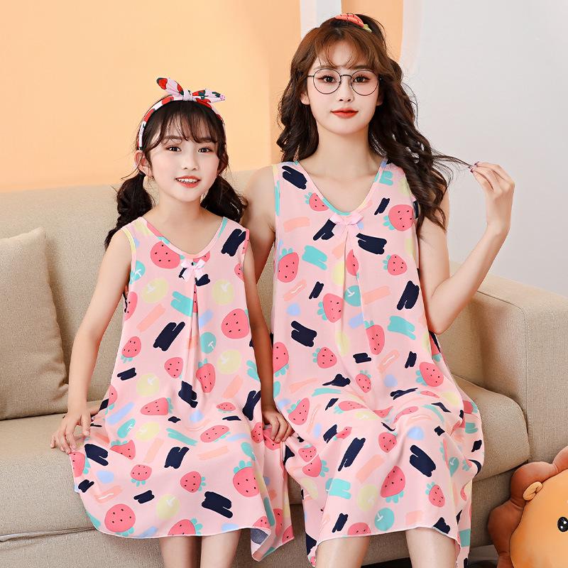 Mother-Daughter Cotton Silk Sleeveless Nightgown for Girls: Wide Shoulder Home Dress