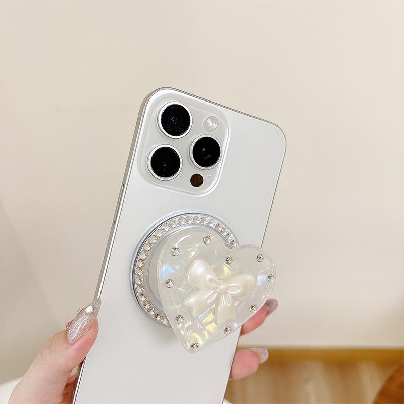 Iridescent Heart Rhinestone Phone Holder: Shell Pattern Magnetic Airbag Support Ring