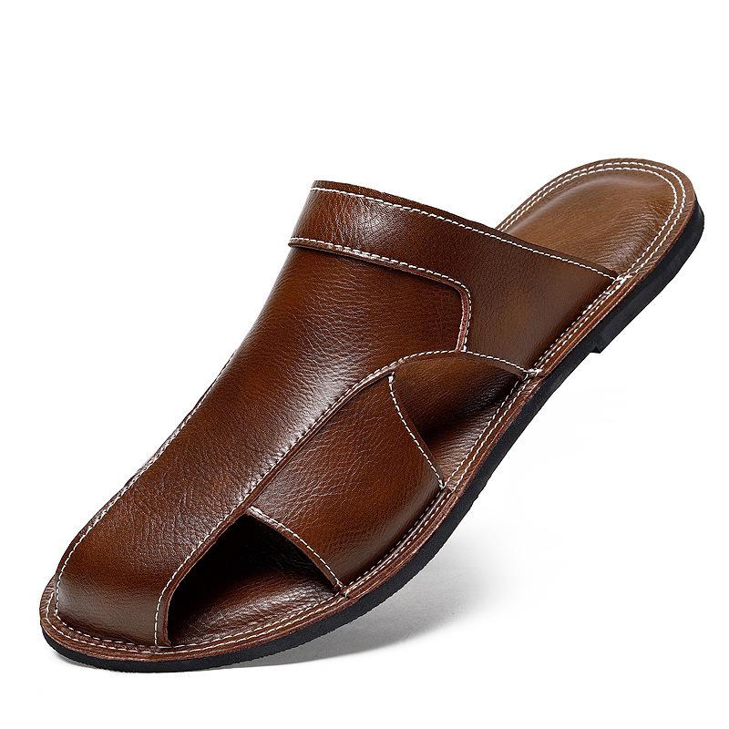 Men's Versatile Genuine Leather Beach Sandals, Sizes 46-47, Soft Sole Cowhide Summer Thong Slippers