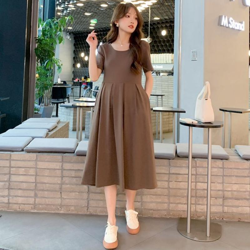 

Maternity clothing summer skirt new fashion summer sweet age reduction simple pleated maternity dress M [Recommended 80-50kg] темно-коричневого