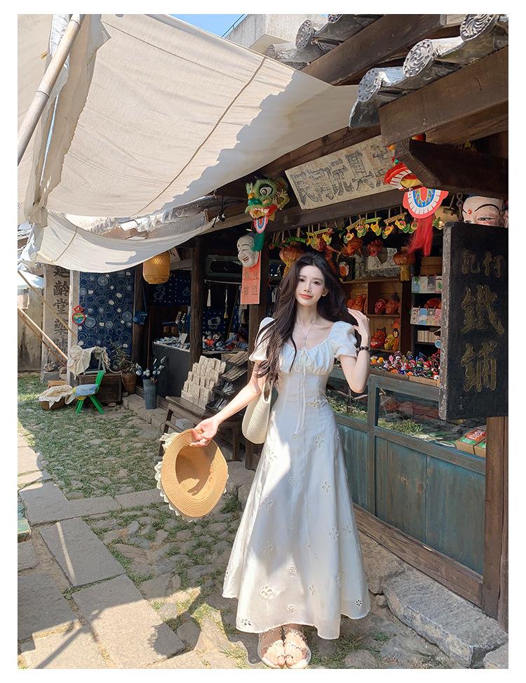 High quality] "Princess on the Run Dress" summer short-sleeved dress women's pure cotton vacation style, thin waist jumpsuit