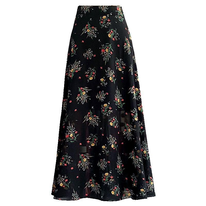 Damen Chiffon Halbrock Sommer A-Linienrock Blumengarnrock Hohe Taille Lockerer Rock Schlankheitslanger Rock