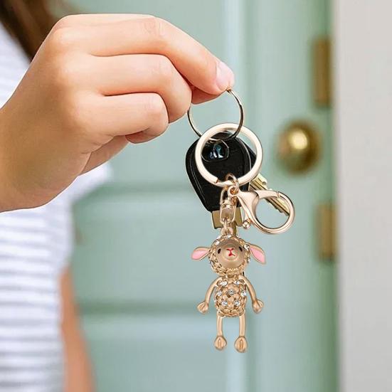 Rhinestone Lamb Keychain for Women Girls Faux Crystal Sparkling Bag Charm for Handbag Car Key Accessory