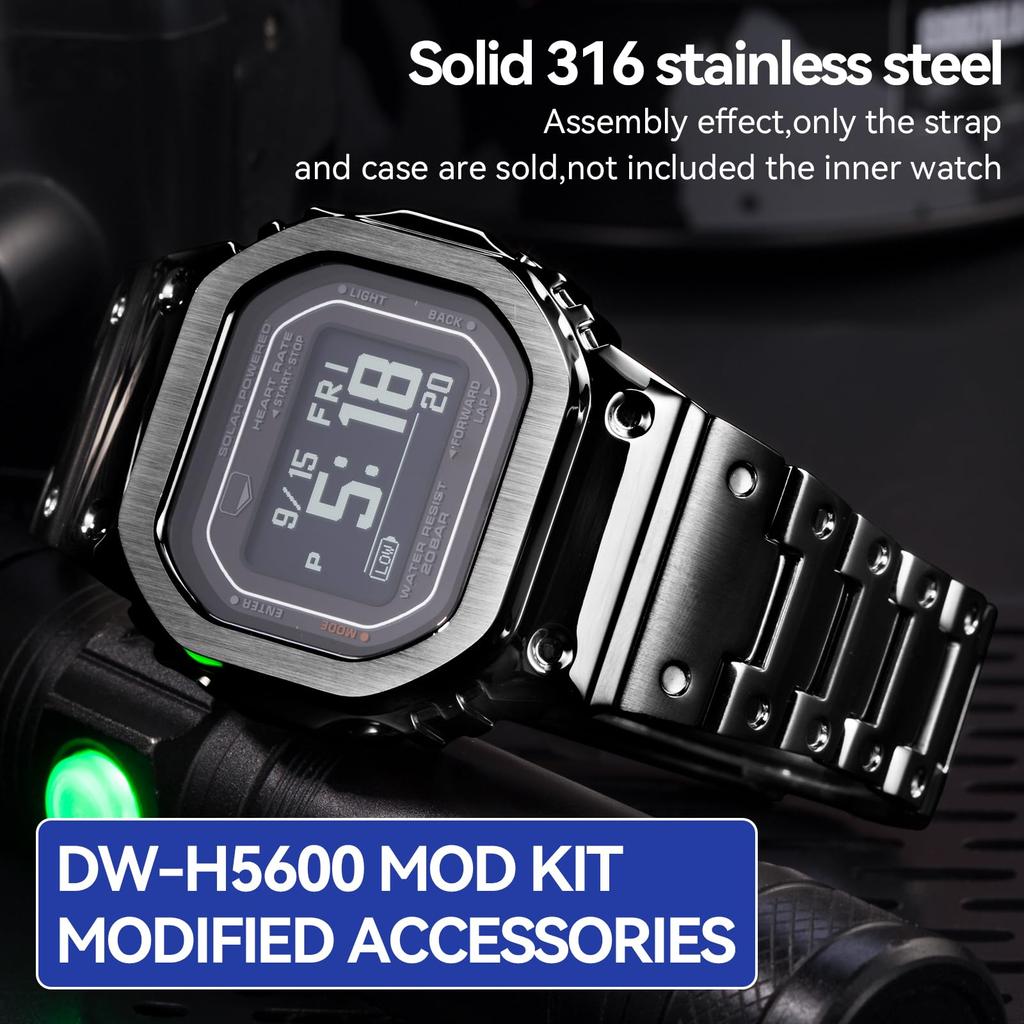 MOD Kit Metal Watch Case, Bezel Band, Strap, 316 Stainless Steel Bracelet, Compatible with Casio and G-SHOCK Men's DW-H5600 (Black Set)