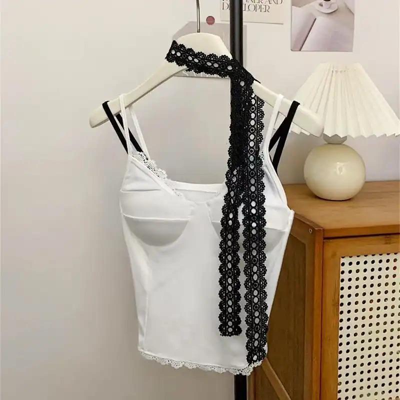 

Women s Slim Fit Black Lace Trim Halter Neck Crop Top OneSize білий