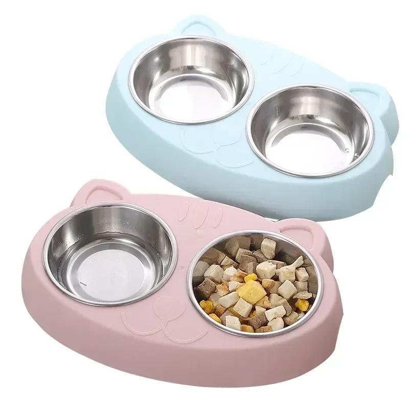 Pet Double Bowl Plastic Kitten Cat Food Drinking Tray Feeder Cat Feeding Pet Supplies Accessories