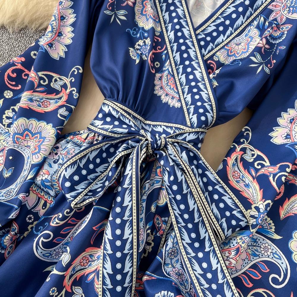 New Printted High Street Dresses For Women V Neck Long Sleeve Patchwork Sashes Temperament Dress Female Dresses